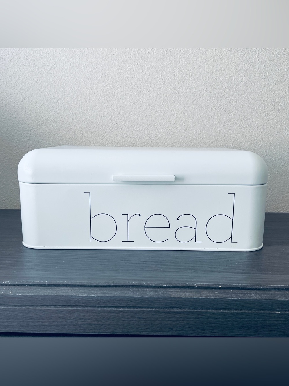 Minimalist White Metal Bread Box with 'bread' Lettering